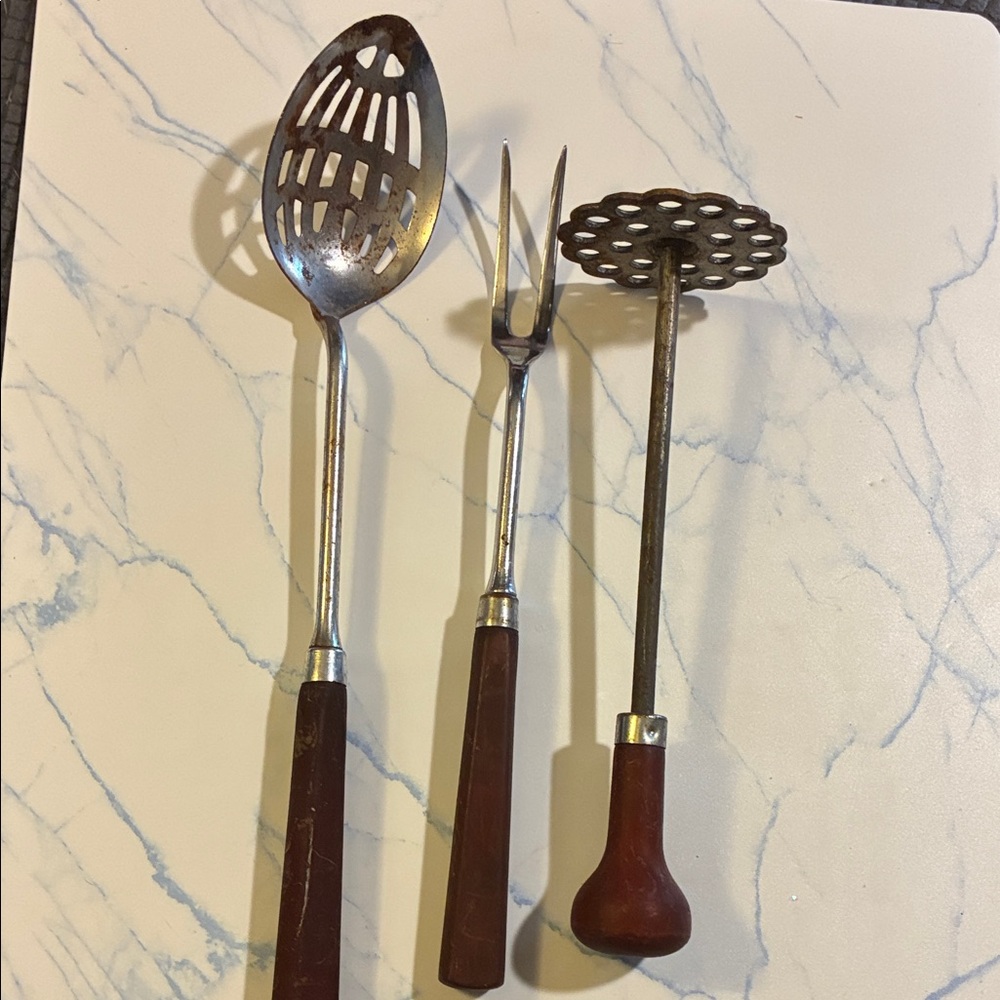 Vintage Silver and Brown Cooking Utensils Set of 3